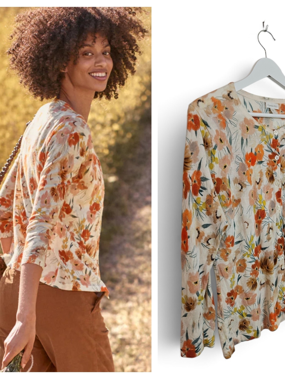 Garnet Hill Cardigan L Signature Eco Merino Wool Floral Print Sweater Cream Pink